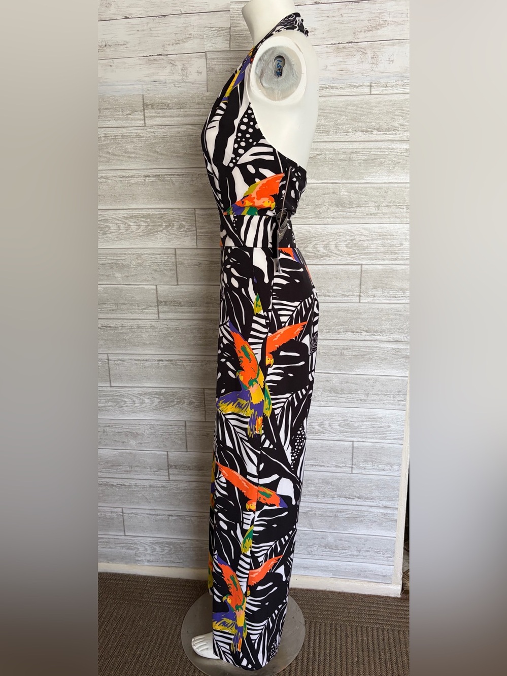 Tropical Parrot Print Halter Jumpsuit - Black with Bright Multicolor Birds